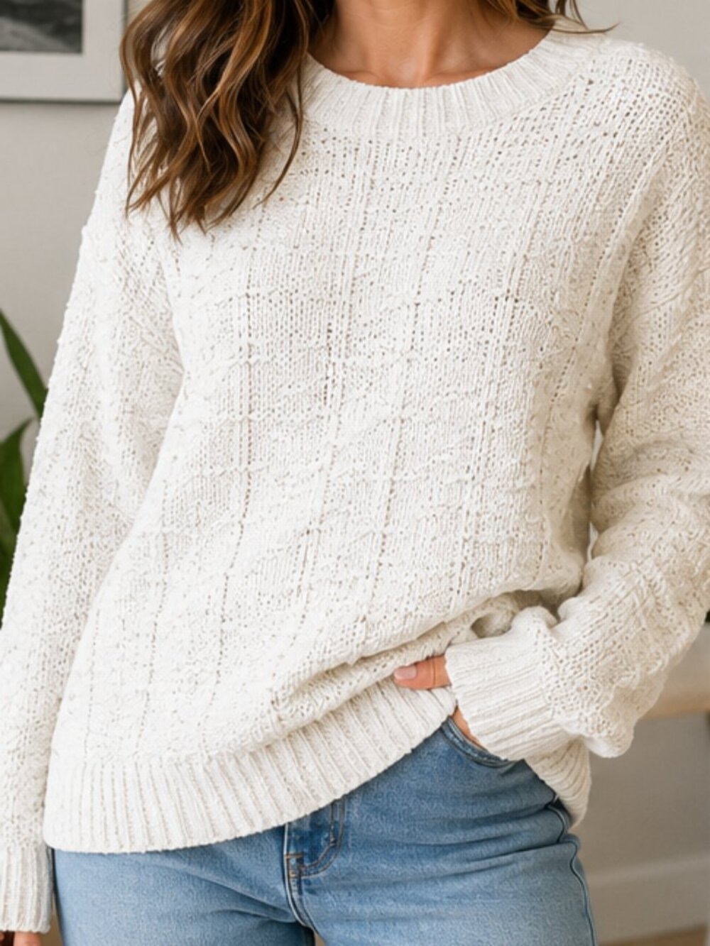 Cream Textured Metallic Knit Cozy Sweater